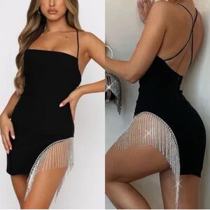 White Fox Boutique Showstopper Rhinestone Fringe Little Black‎ Dress - M